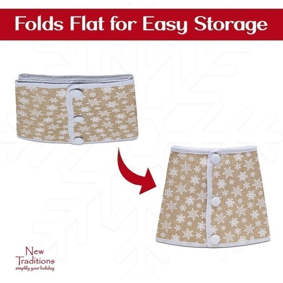 Christmas Burlap Tree Collar Tan/White w/ Snowflakes - Picture 2 of 3